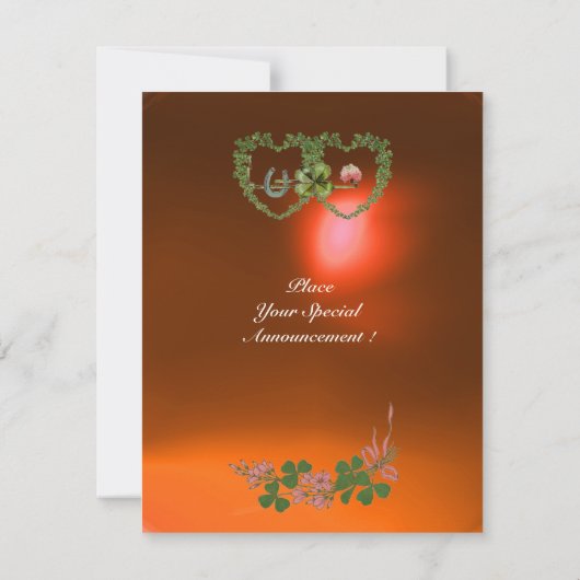Faire-part COEURS SHAMROCKS VERTS MONOGRAMME blanc, orange (Dos)