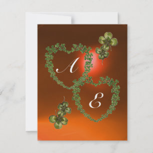 Faire-part COEURS SHAMROCKS VERTS MONOGRAMME blanc, orange