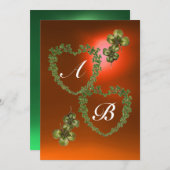 Faire-part COEURS SHAMROCKS VERTS MONOGRAMME orange vert (Devant / Derrière)