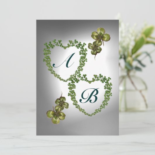 Faire-part COEURS SHAMROCKS VERTS MONOGRAMME orange vert blan (Debout devant)
