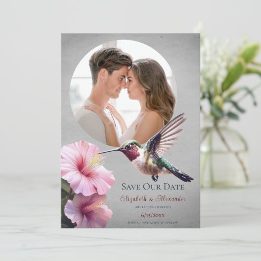 Faire-part Colibri et Hibiscus Photo Enregistrer la date | Gr (Debout devant)