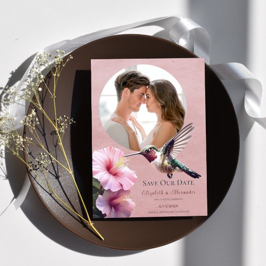 Faire-part Colibri et Hibiscus Photo Enregistrer la date rose