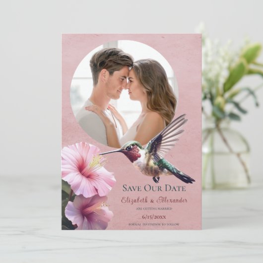 Faire-part Colibri et Hibiscus Photo Enregistrer la date rose (Debout devant)