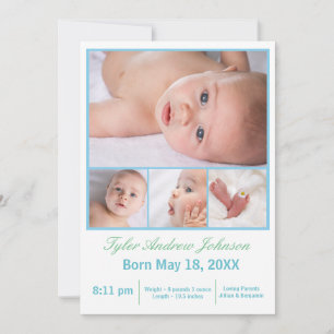 Faire-part Collage 4 Photos Blanc/Bleu - Annonce de Naissance