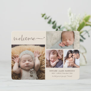 Faire-part Collage de photos de bébé beige neutre Bienvenue à