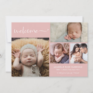 Faire-part Collage de photos de bébé Bienvenue Rose Poussiére
