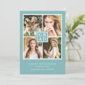 Faire-part Collage photo bleu et blanc Aqua Graduation (Debout devant)