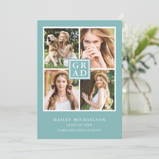 Faire-part Collage photo bleu et blanc Aqua Graduation (Debout devant)