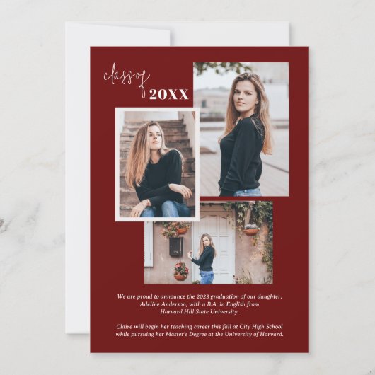 Faire-part Collage photo Bourgogne Stylish Script Graduation (Dos)