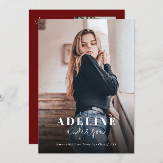 Faire-part Collage photo Bourgogne Stylish Script Graduation (Devant / Derrière)