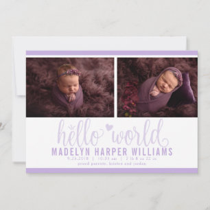 Faire-part Collage photo Hello World lavande violet moderne
