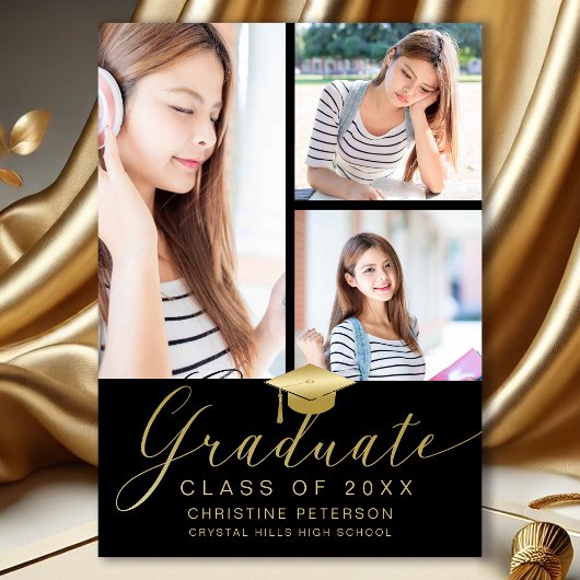 Faire-part Collage Photo Moderne Écriture Dorée Noir Diplômé 
