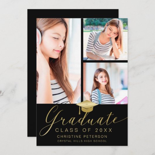 Faire-part Collage photo moderne Gold Script Black Graduation (Devant / Derrière)