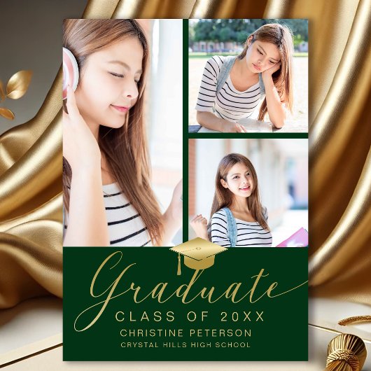 Faire-part Collage photo moderne Gold Script Green Graduation