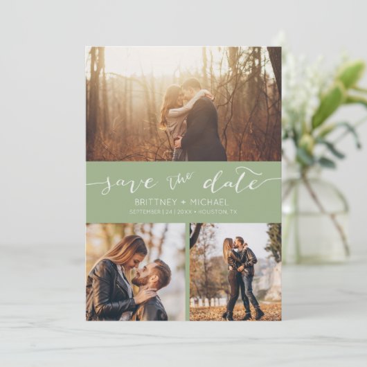 Faire-part Collage photo moderne manuscrit Sage vert (Debout devant)