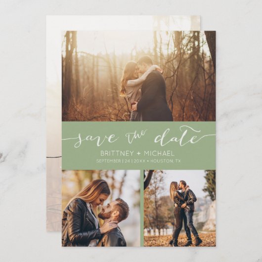 Faire-part Collage photo moderne manuscrit Sage vert (Devant / Derrière)