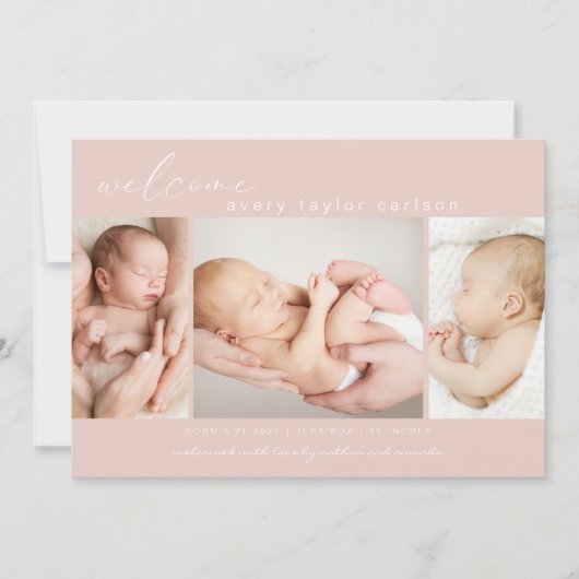 Faire-part Collage photo moderne Script simple rose naissance (Devant)