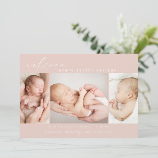 Faire-part Collage photo moderne Script simple rose naissance (Debout devant)