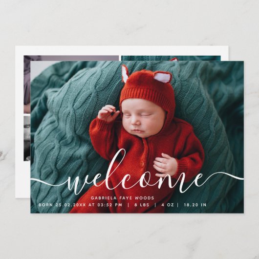 Faire-part Collage photo personnalisé Bienvenue Script superp (Devant / Derrière)