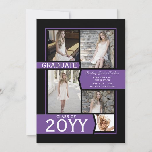 Faire-part Collage photo violet et noir Classe de graduation (Devant)