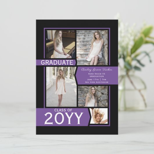 Faire-part Collage photo violet et noir Classe de graduation (Debout devant)