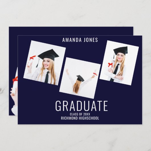 Faire-part Collection photo bleu de la Marine moderne Graduat (Devant / Derrière)
