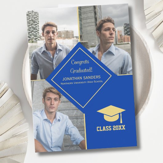 Faire-part Congrats Graduated Collage 3 Photos Blue