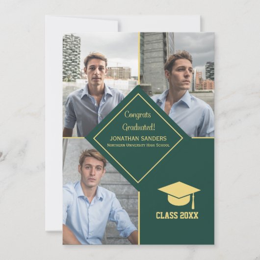Faire-part Congrats Graduated Collage 3 Photos for Him Green (Devant)