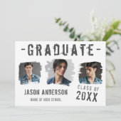 Faire-part Cool Grunge White 3 Photo Graduation (Debout devant)