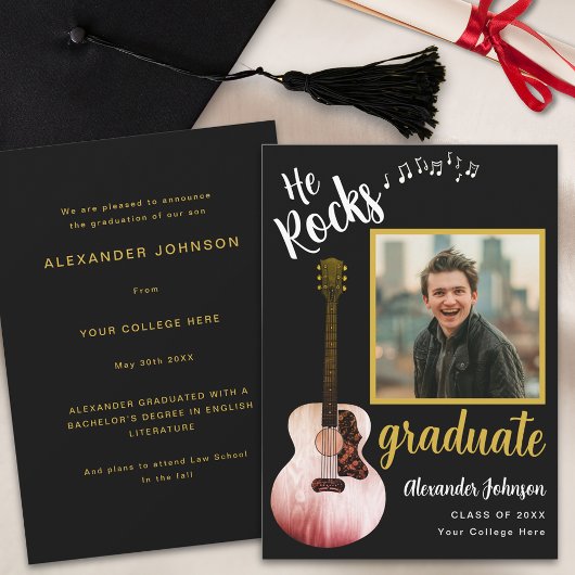 Faire-part Cool He Rocks Graduate Photo Modern Black Gold