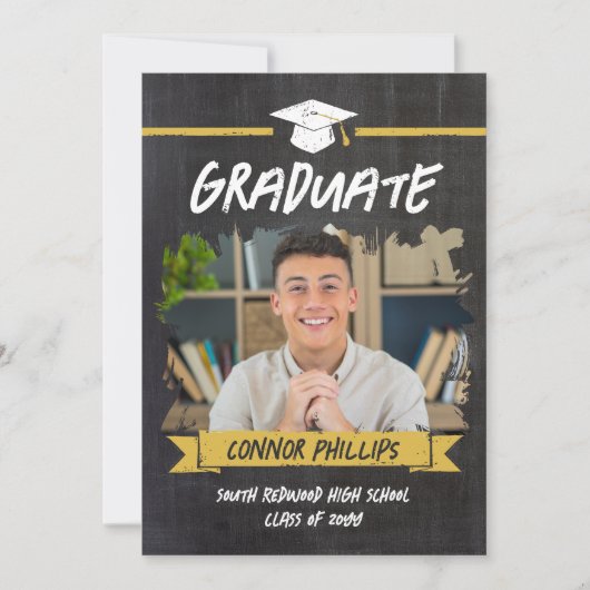 Faire-part Cool Jaune Chalkboard Graduation Photo (Devant)