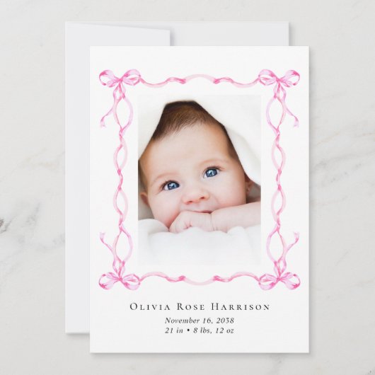 Faire-part Coquette Rose Bows Aquarelle Photo Fille Naissance (Devant)