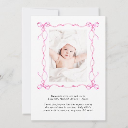 Faire-part Coquette Rose Bows Aquarelle Photo Fille Naissance (Dos)