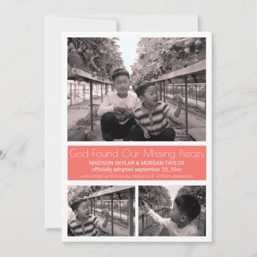 Faire-part Coral Modern Minimalist Child Adoption 3 Photo (Devant)