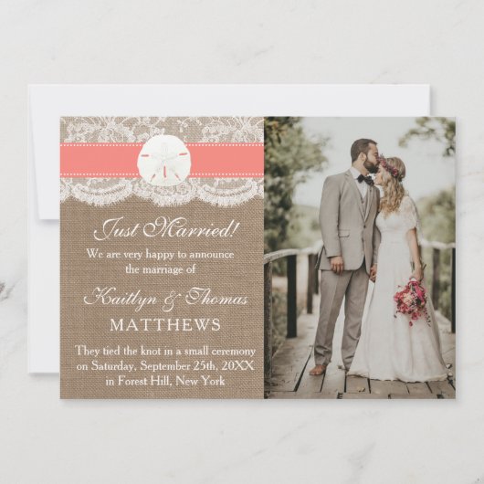 Faire-part Coral Sand Dollar Plage Mariage Photo Mariage (Devant)