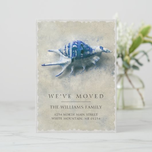 Faire-part Côte Bleu Blancs Coquillages Sable Déplacement (Debout devant)