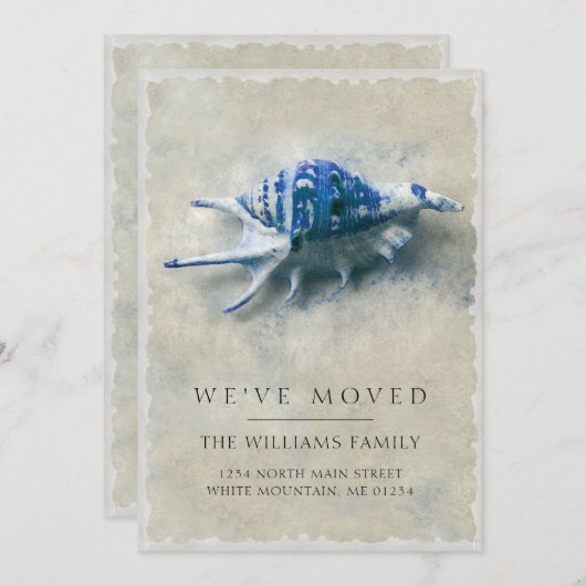 Faire-part Côte Bleu Blancs Coquillages Sable Déplacement (Devant / Derrière)