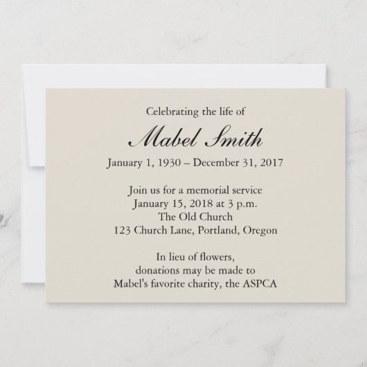 Faire-part côtier de cérémonie commémorative de (Dos)