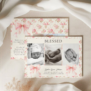 Faire-part Cottage à Ruban Rose Floral Bébé Naissance Photo B