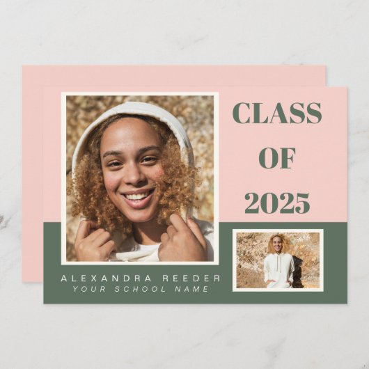 Faire-part Couleur rose vert bloc 2 Photo 2022 Graduation (Devant / Derrière)