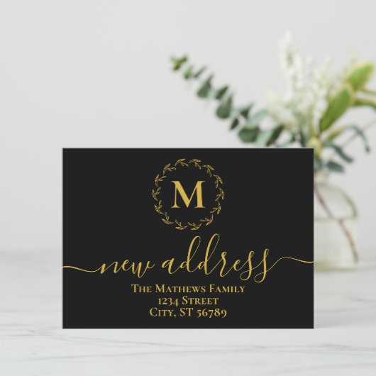 Faire-part Couronne botanique en or noir Monogramme Nouvelle (Debout devant)