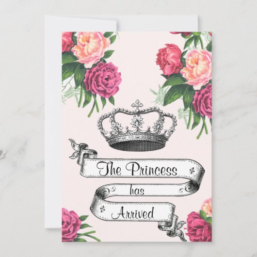Faire-part Couronne et princesse Rose Arrivée annonce de nais (Devant)