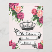 Faire-part Couronne et princesse Rose Arrivée annonce de nais (Devant / Derrière)