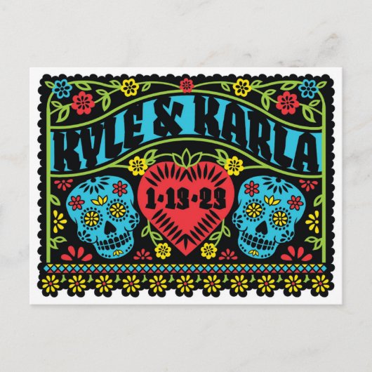 Faire-part Crânes à sucre Enregistrer la date carte postale (Devant)