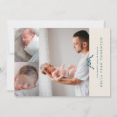 Faire-part crème simple bleu arc photo bébé (Dos)