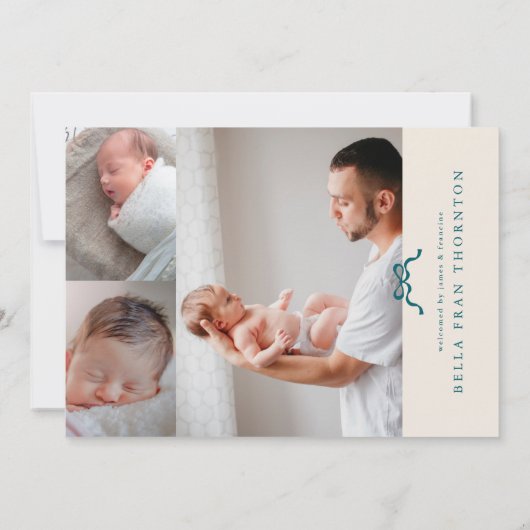 Faire-part crème simple bleu arc photo bébé (Dos)