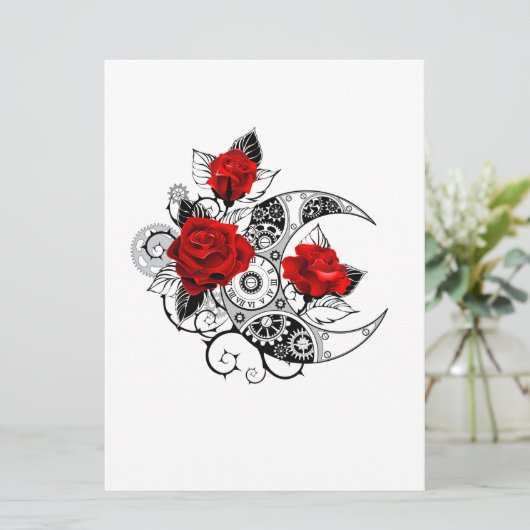 Faire-part Croissant mécanique avec roses rouges (Debout devant)