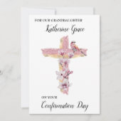 Faire-part Croix chrétienne avec magnolias rose personnalisée (Devant)