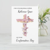 Faire-part Croix chrétienne avec magnolias rose personnalisée (Debout devant)