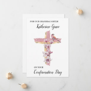 Faire-part Croix chrétienne avec magnolias rose personnalisée